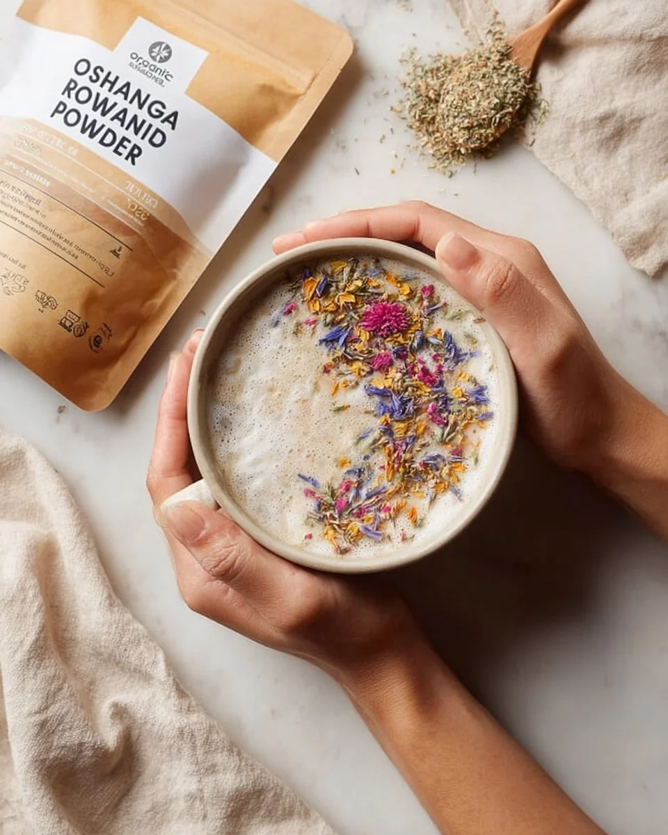 Aromatic glass of Ashwagandha Moon Milk with spices and herbs for relaxation.