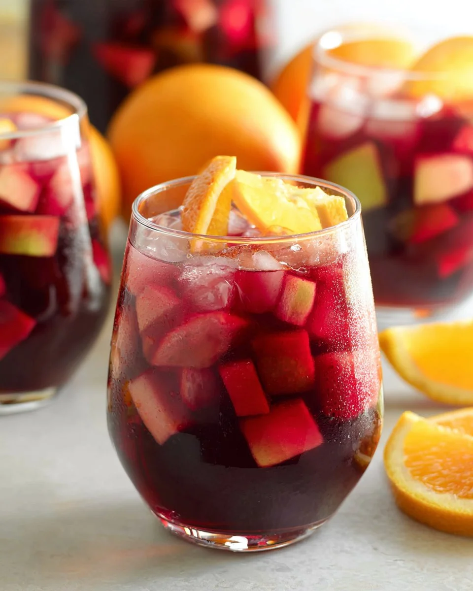 A refreshing pitcher of authentic Spanish Sangria with fresh fruits and red wine.