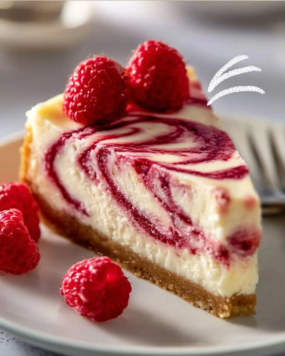 Baked raspberry cheesecake served on a plate with fresh raspberries on top.