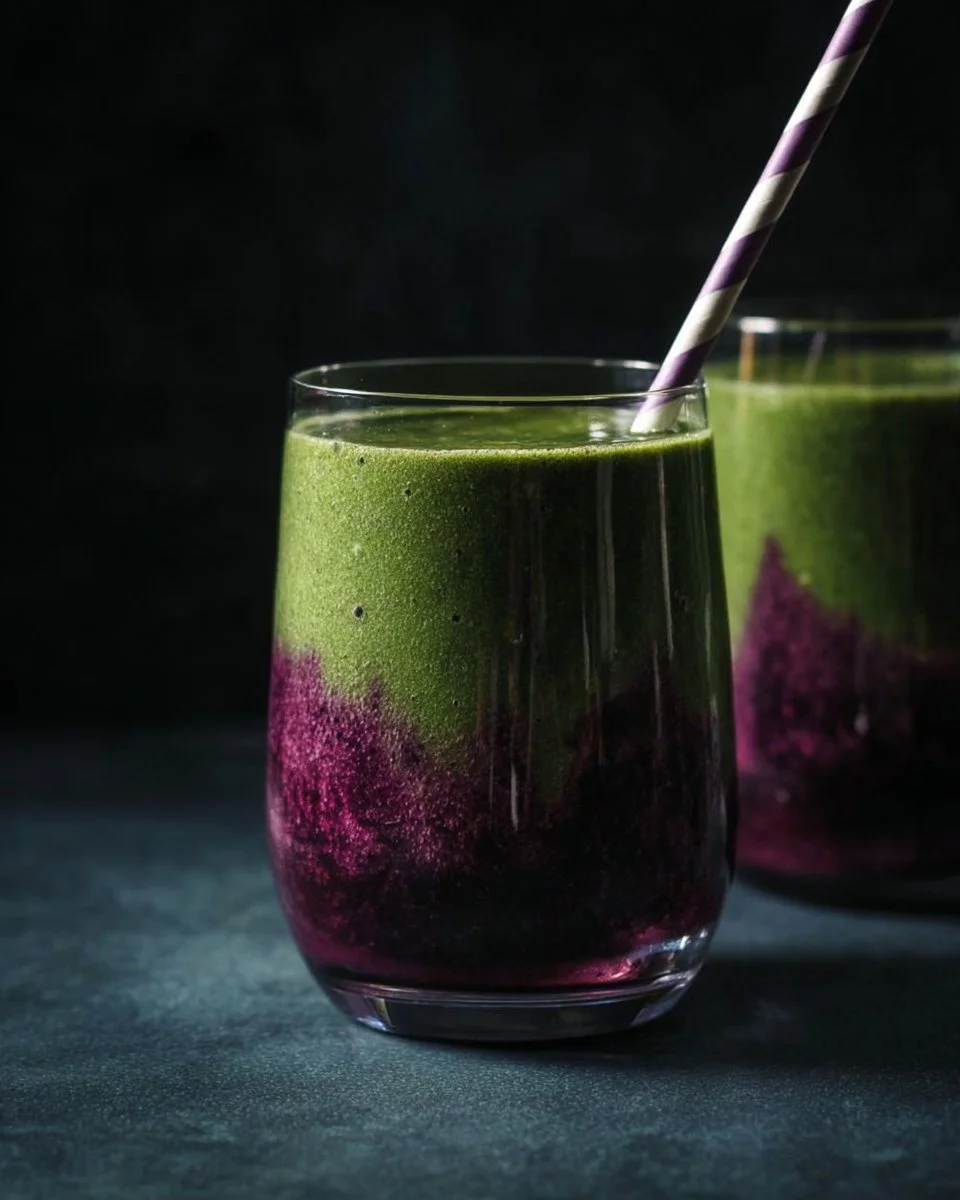 Blue and green tea smoothie topped with fresh fruits and herbs