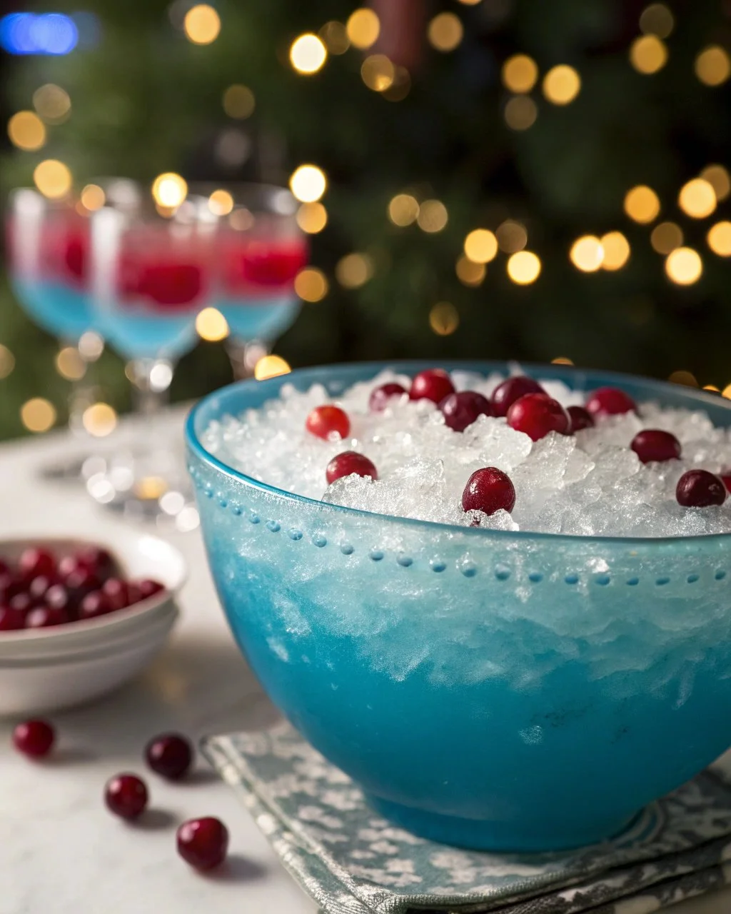 Blue Aurora Christmas Punch in a festive glass with holiday decorations