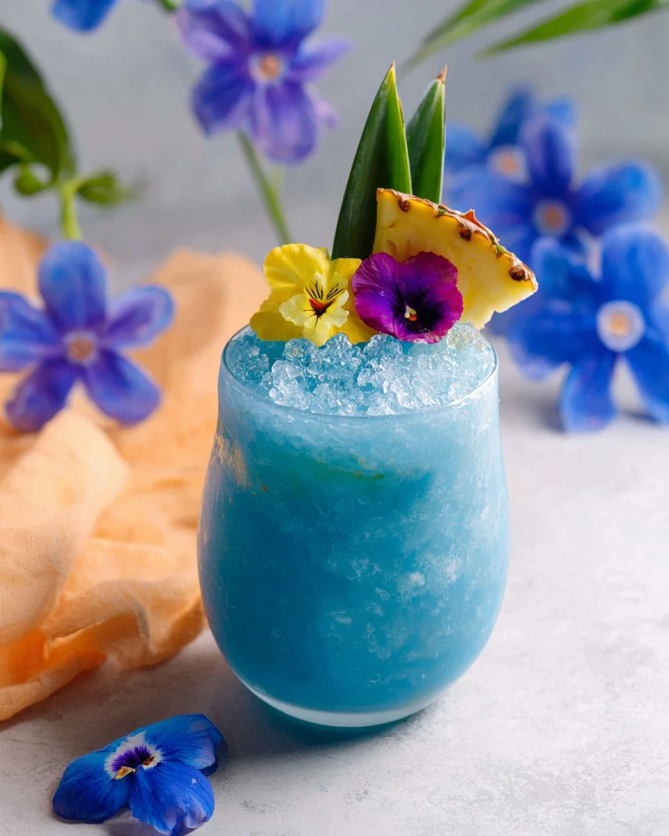 Classic Blue Hawaii Mocktail served in a tropical glass with garnishes
