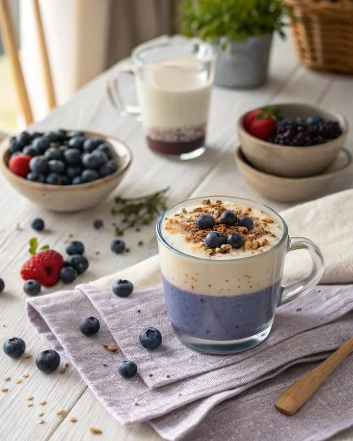 Blueberry Earl Grey Oat Fog drink showcasing vibrant blueberries and creamy oat froth.
