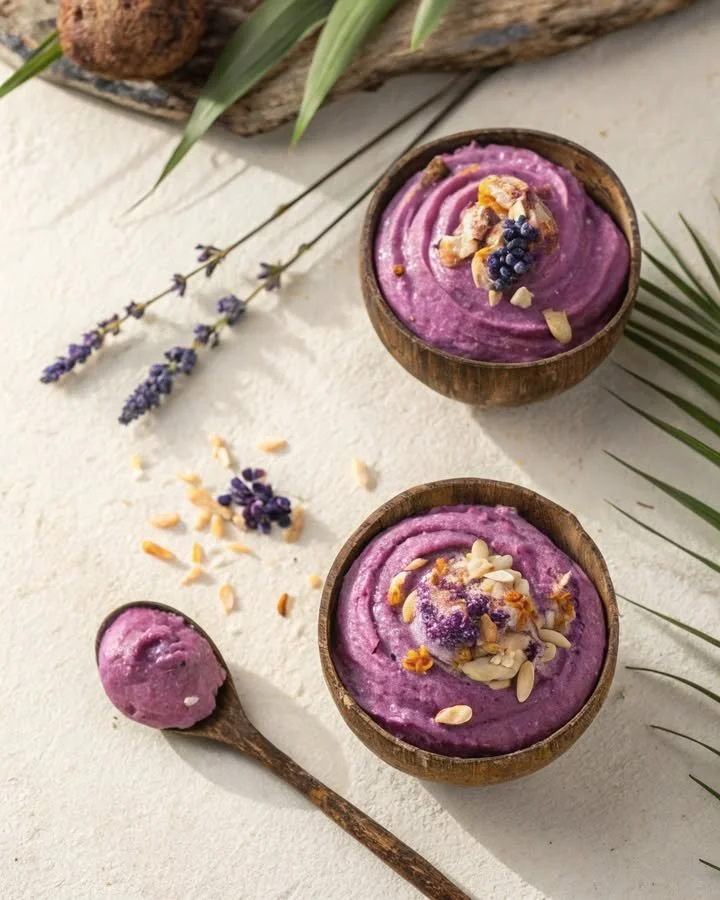 Delicious Blueberry Lavender Coconut Nice-Cream in a bowl topped with fresh berries