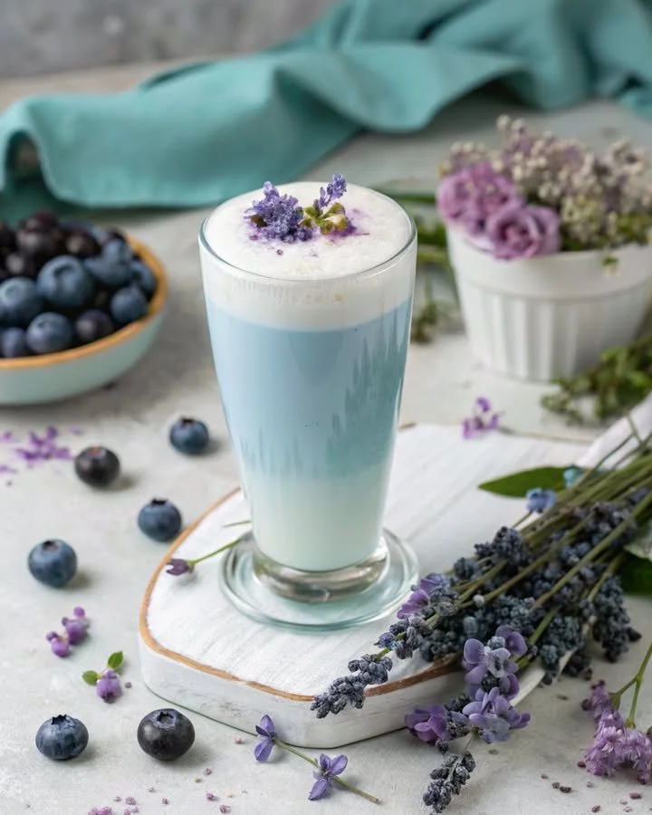 A refreshing Blueberry Lavender Fog beverage with blueberries and lavender flowers.
