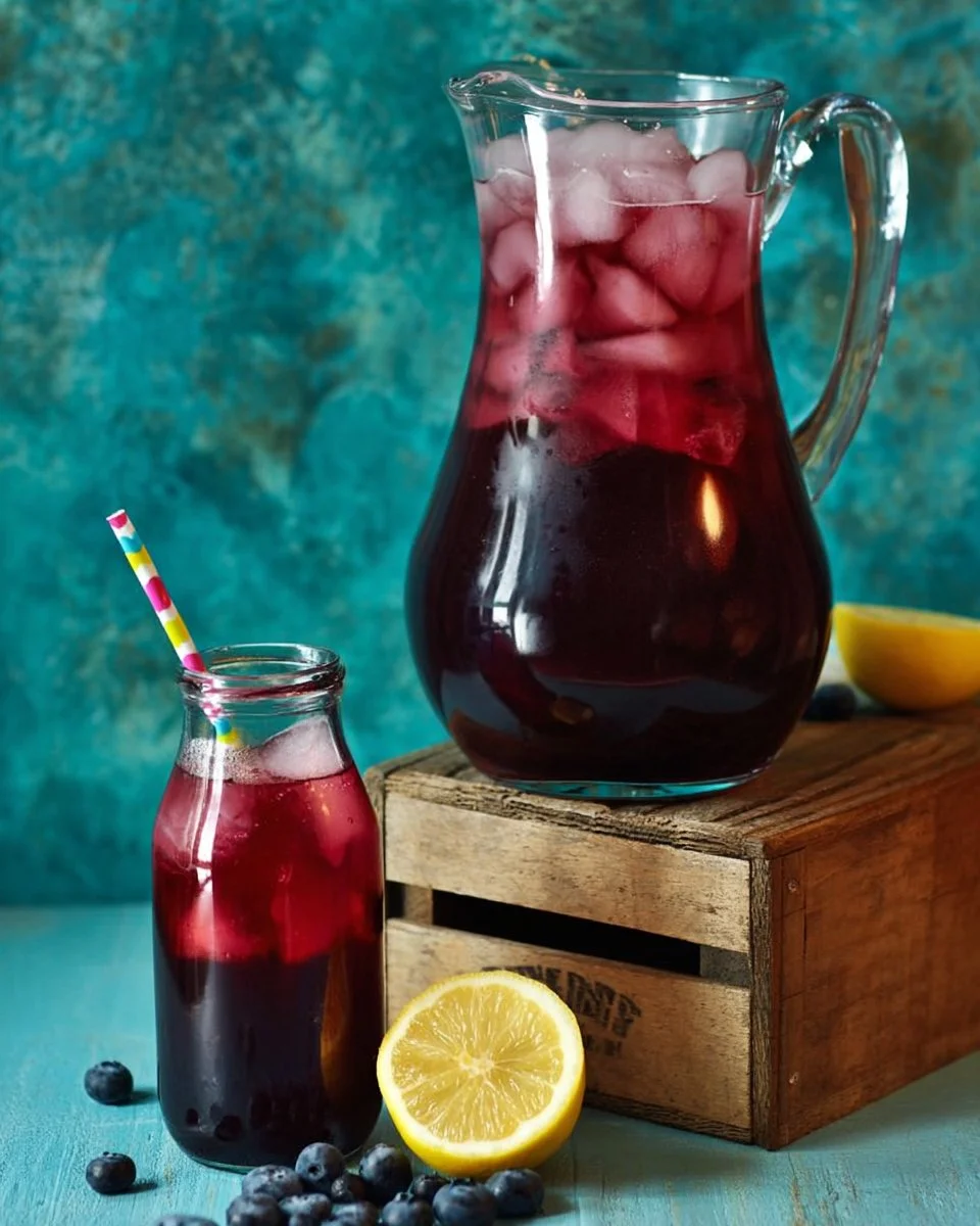 A refreshing glass of blueberry lemonade with fresh blueberries and lemon slices