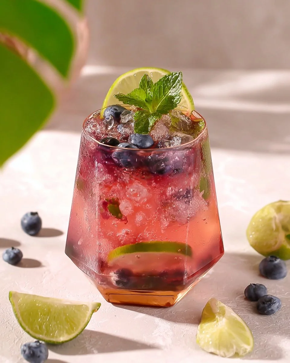 Refreshing blueberry mocktail served in a glass with fresh blueberries and mint leaves.