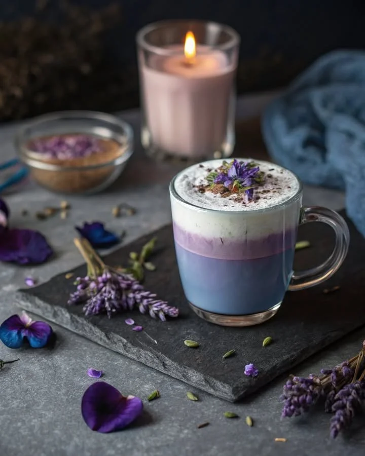 Glass of Butterfly-Pea Lavender Silk Latte with flower garnishes