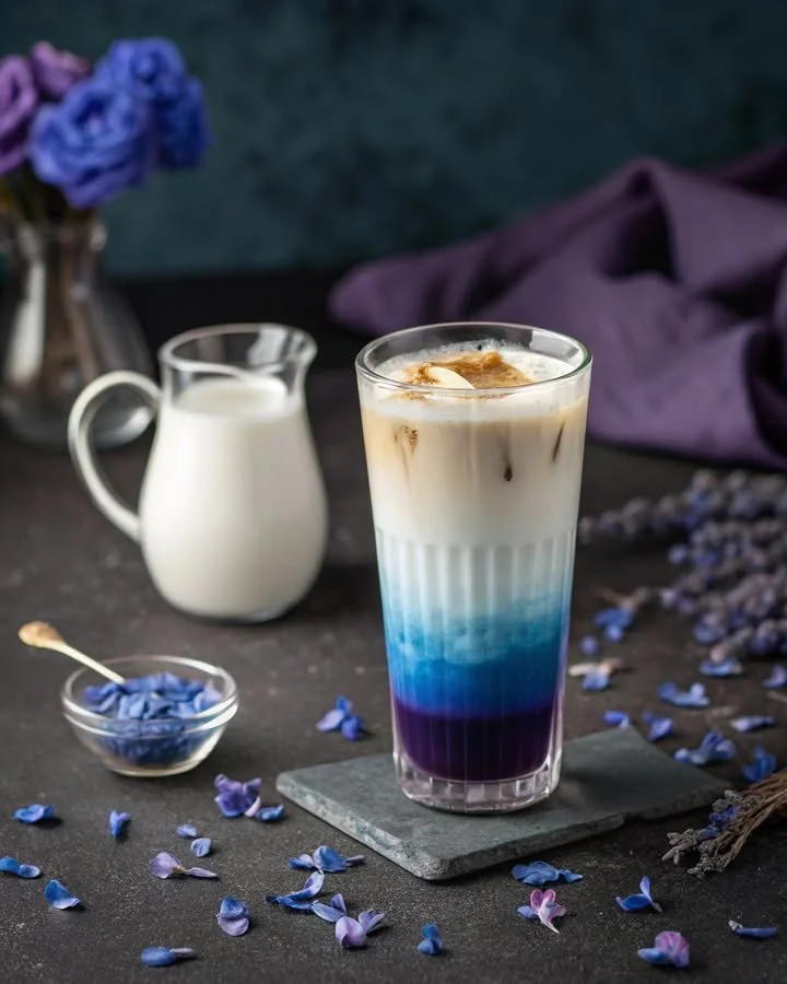 A refreshing cup of Butterfly Pea Vanilla Fog, showcasing its vibrant blue hue and creamy texture.