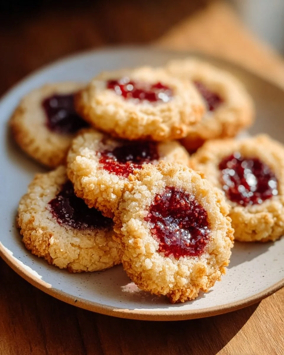 Buttery raspberry crumble cookies presented on a baking tray.