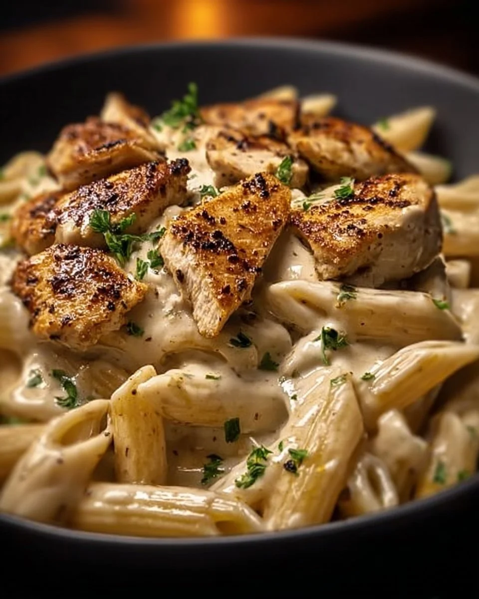 Plate of delicious Cajun Chicken Pasta with colorful veggies and creamy sauce