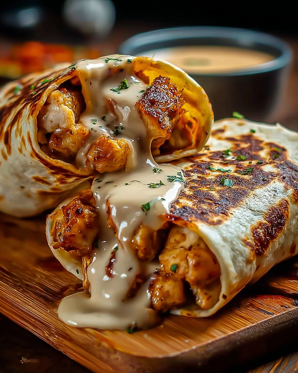 Delicious cheesy garlic chicken wraps on a wooden table
