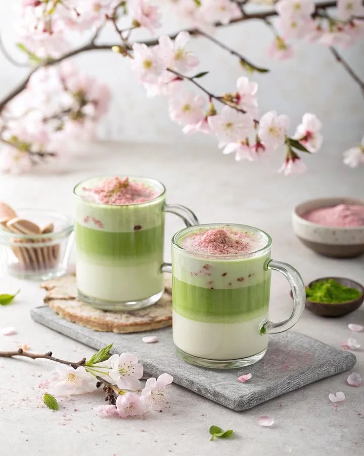 Cherry Blossom Matcha Latte with petals and matcha powder in a cup