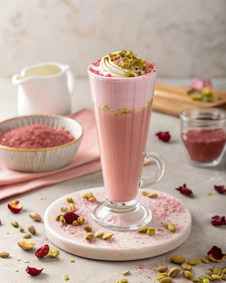 Cherry-Rose Pistachio Latte served in a decorative cup.