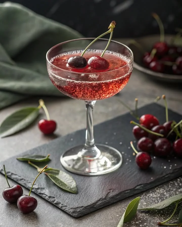 Glass of Cherry-Sage Sparkler drink garnished with fresh cherries and sage leaves.