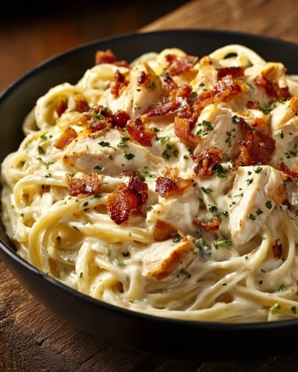 A delicious bowl of Chicken Bacon Ranch Pasta topped with crispy bacon and herbs
