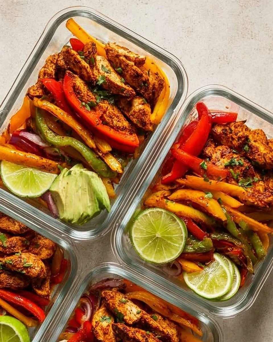 Healthy Chicken Fajita Meal Prep Bowls with colorful vegetables and spices