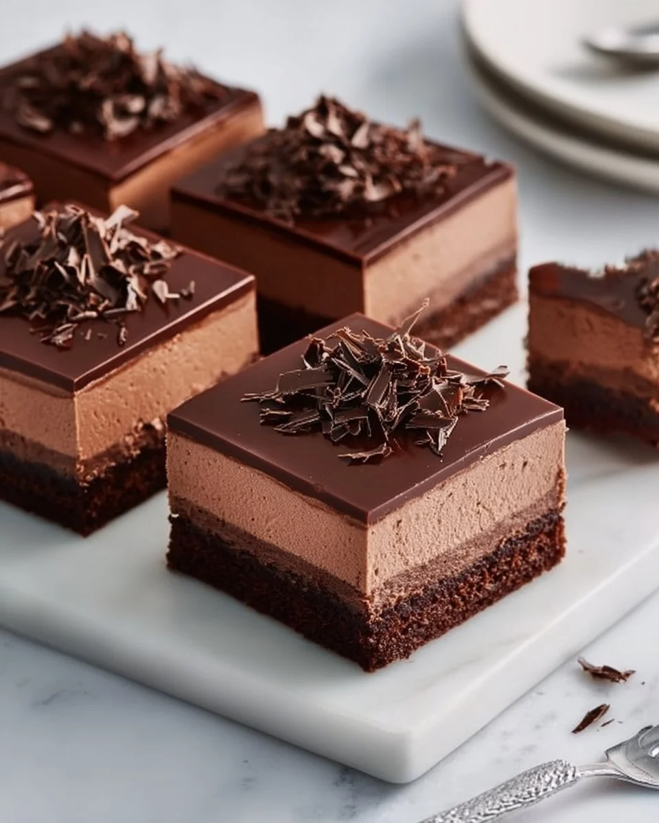 Delicious Chocolate Mousse Brownies topped with dark chocolate ganache