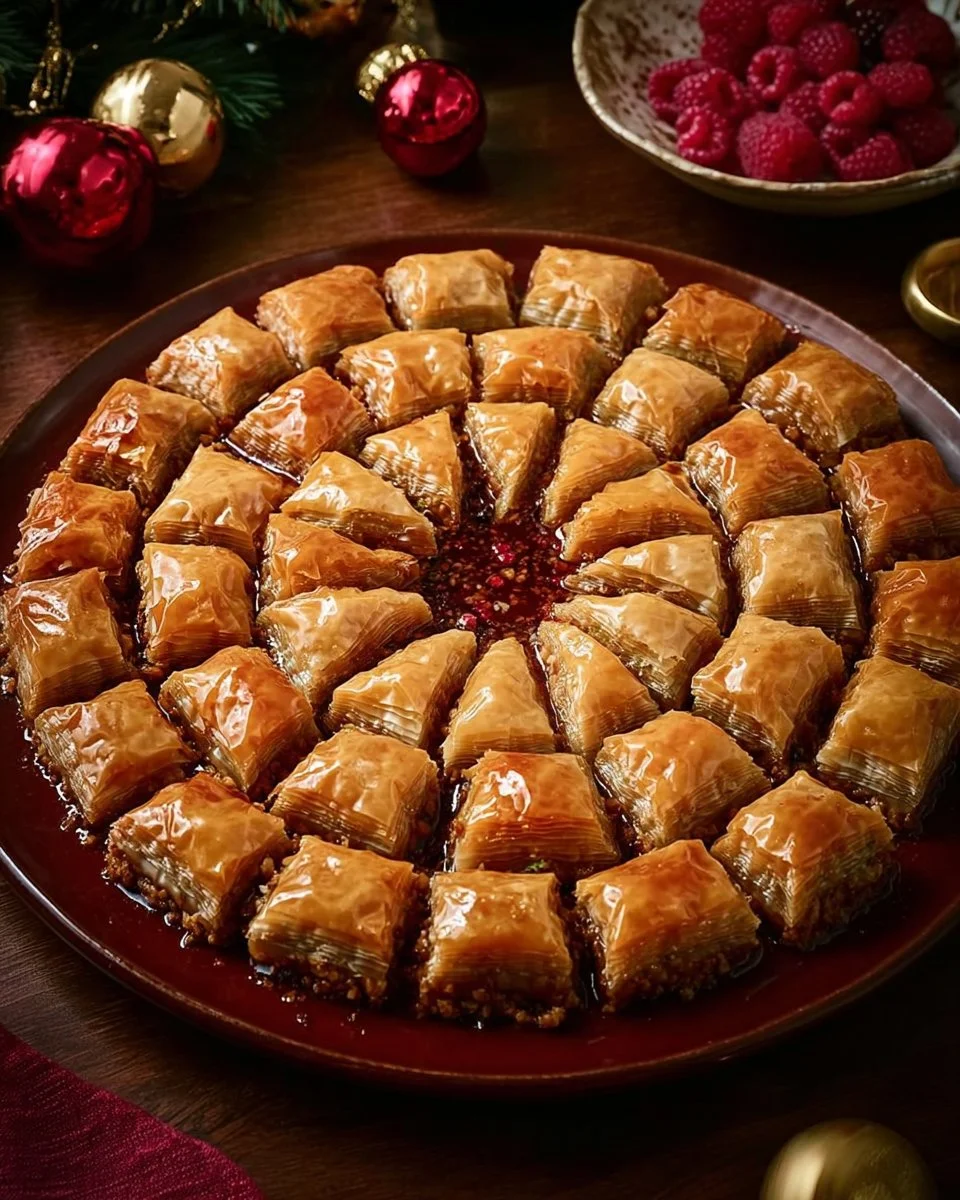 Delicious Christmas Baklava decorated with nuts and honey syrup.