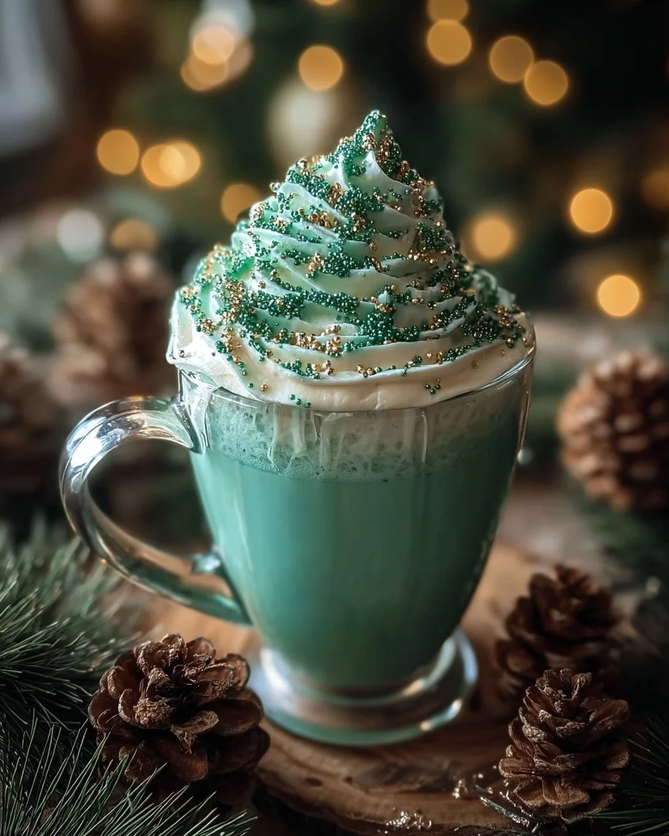 Cup of Christmas Emerald Frost Cocoa topped with whipped cream and green sprinkles