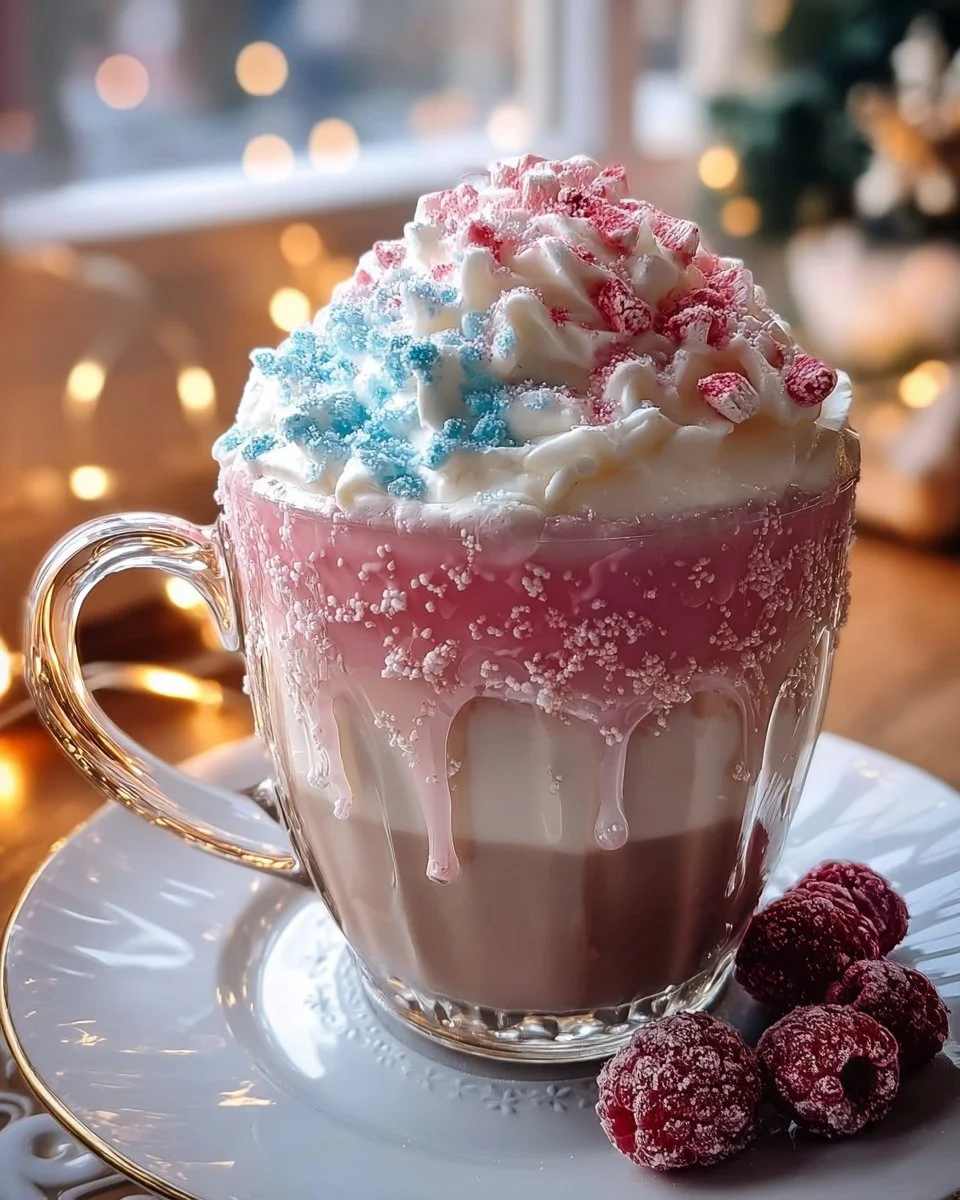 Cup of Christmas Glowing Snowberry Cocoa with festive decorations