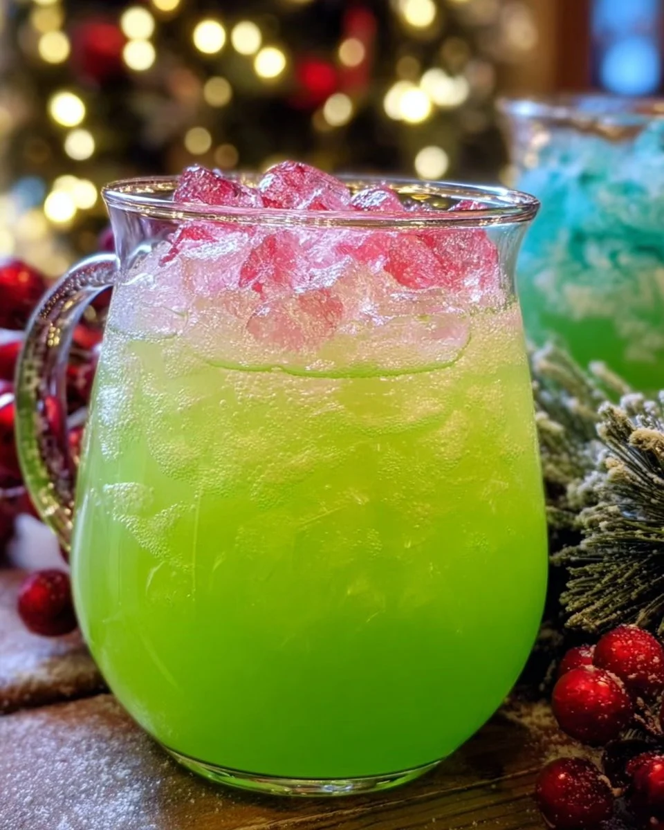 Festive Grinch Glow Punch in a holiday drink dispenser