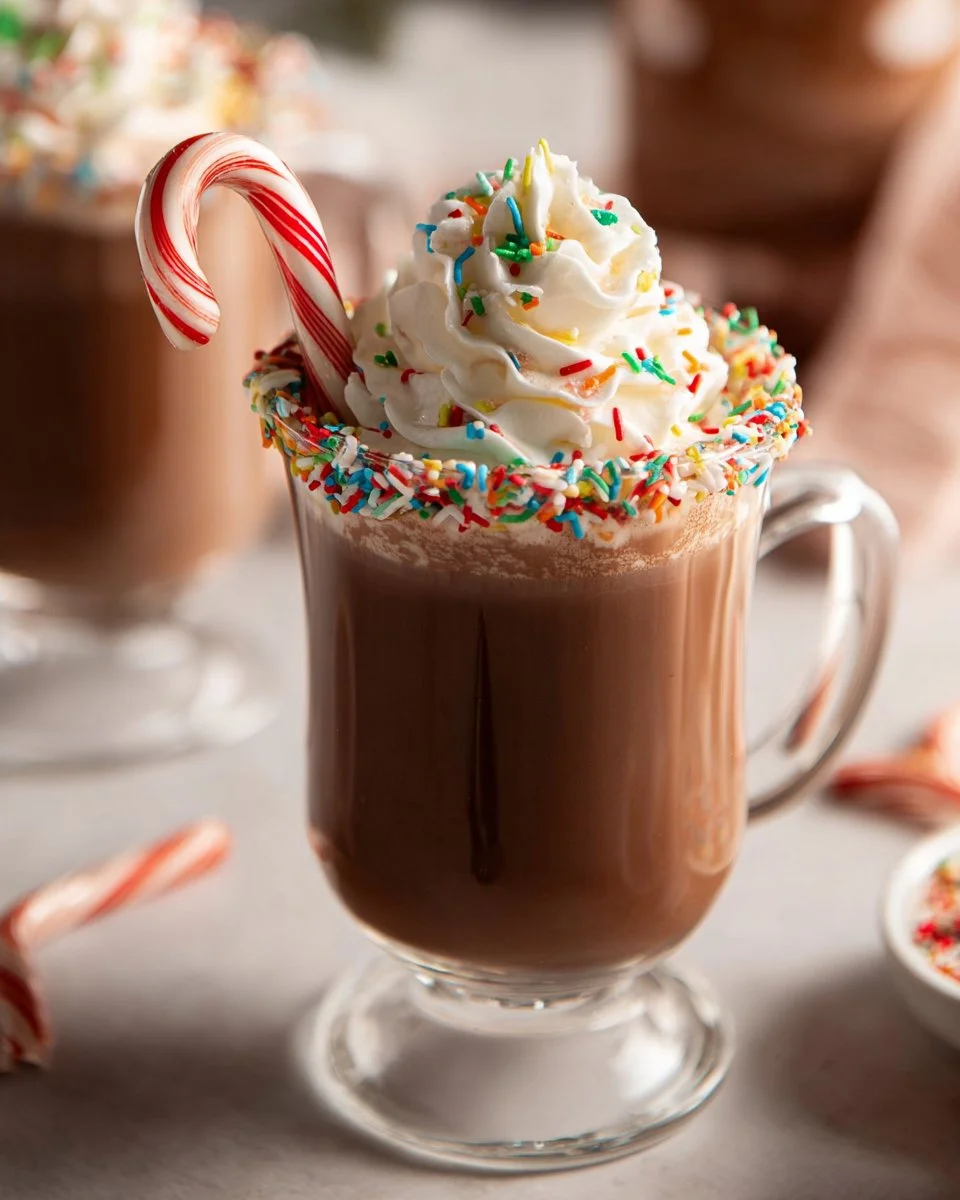 Delicious mug of Christmas hot chocolate topped with whipped cream and marshmallows