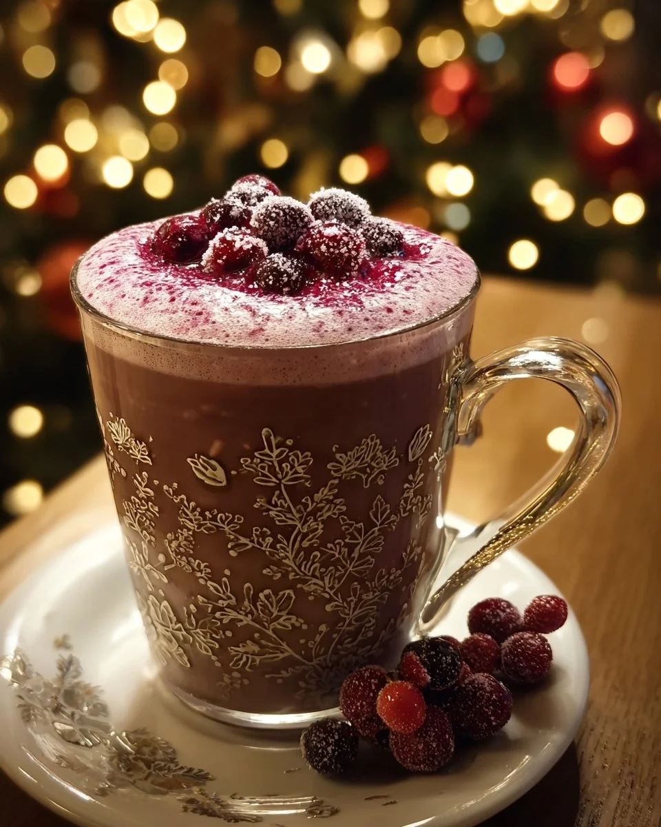 Warm Christmas Twilight Berry Cocoa topped with berries and cocoa powder in a festive mug