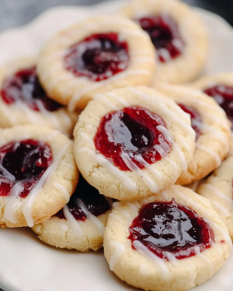 Delicious raspberry almond thumbprint cookies on a baking tray