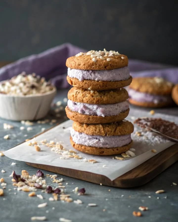 Coconut-lavender ice cream sandwiches served on a wooden platter