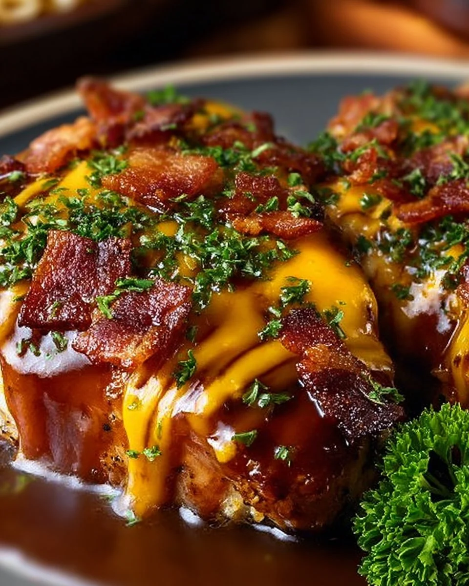 Delicious Cowboy BBQ Bacon Cheddar Chicken with crispy bacon and melted cheese