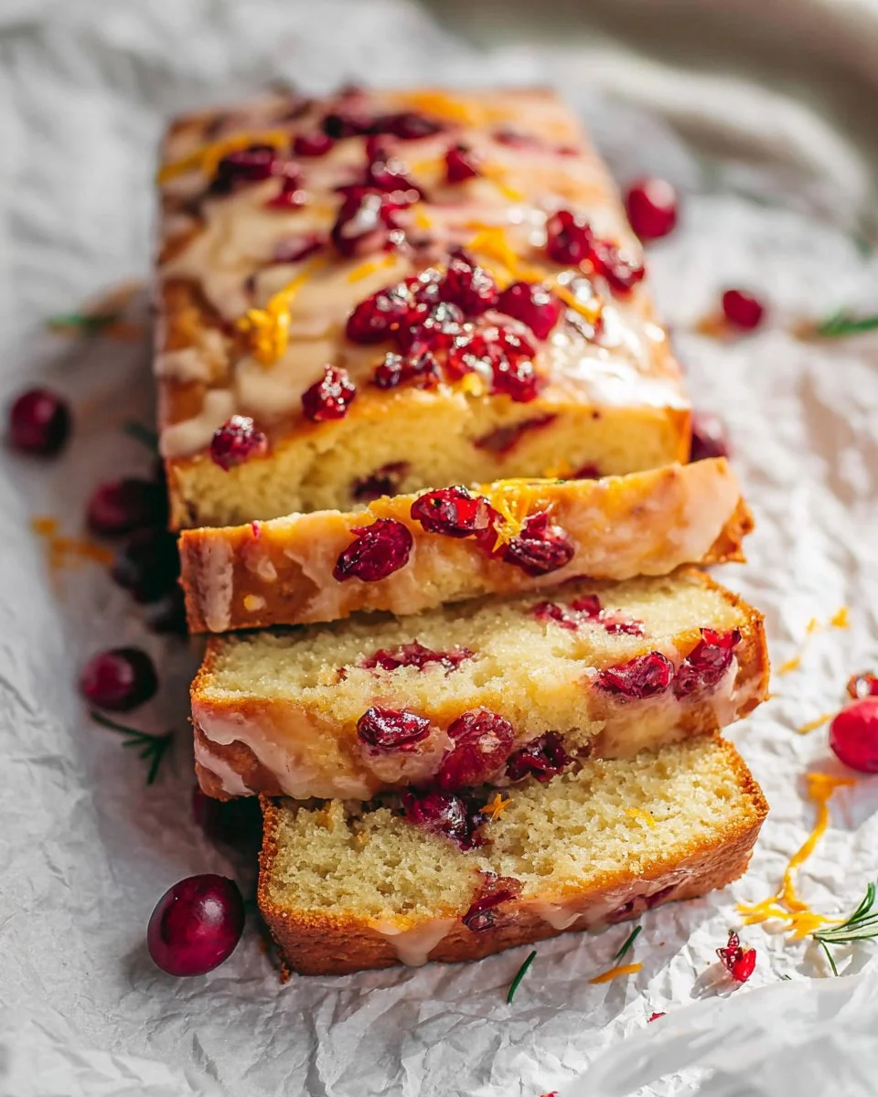 Loaf of homemade cranberry bread with fresh cranberries and nuts