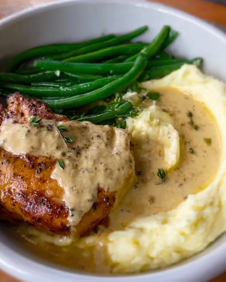 Creamy chicken schnitzel topped with sauce, served on a plate.