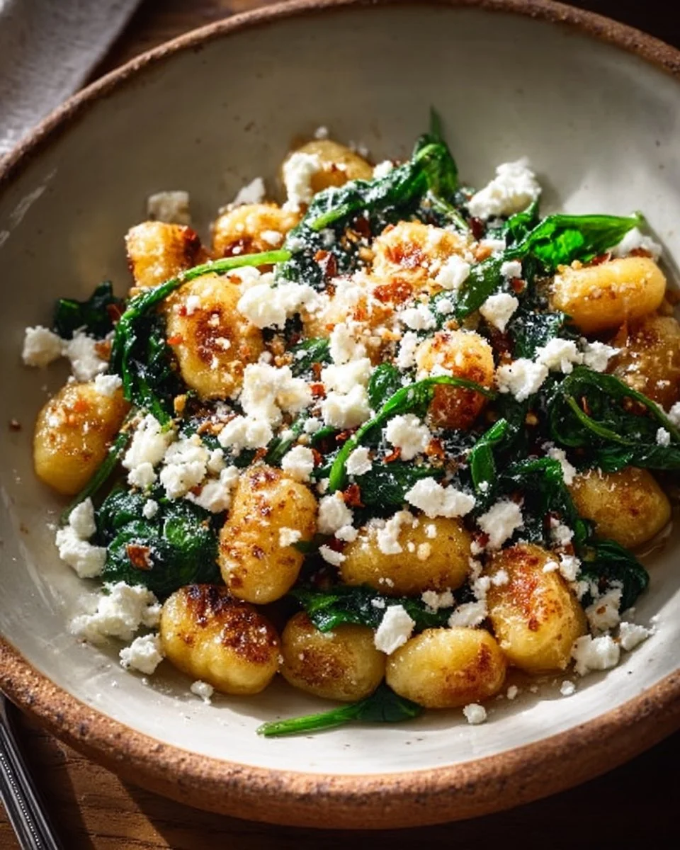 Creamy gnocchi served with fresh spinach and feta cheese