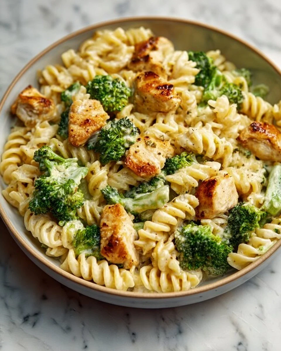 Creamy rotisserie chicken broccoli pasta dish garnished with fresh herbs