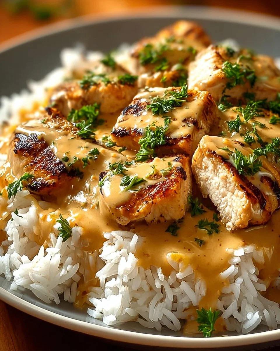 A plate of creamy smothered chicken and rice garnished with herbs.