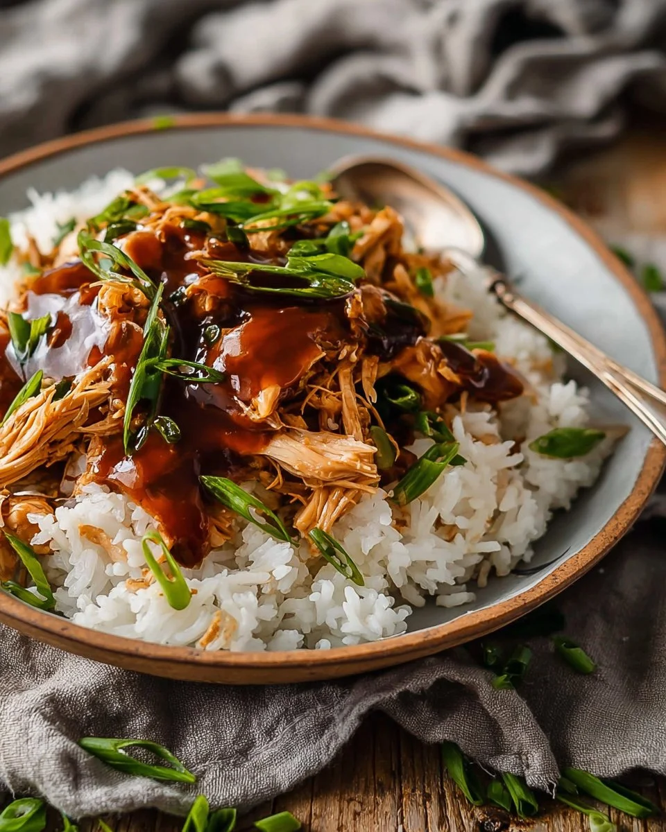 Crock Pot Bourbon Chicken served in a bowl with rice and vegetables