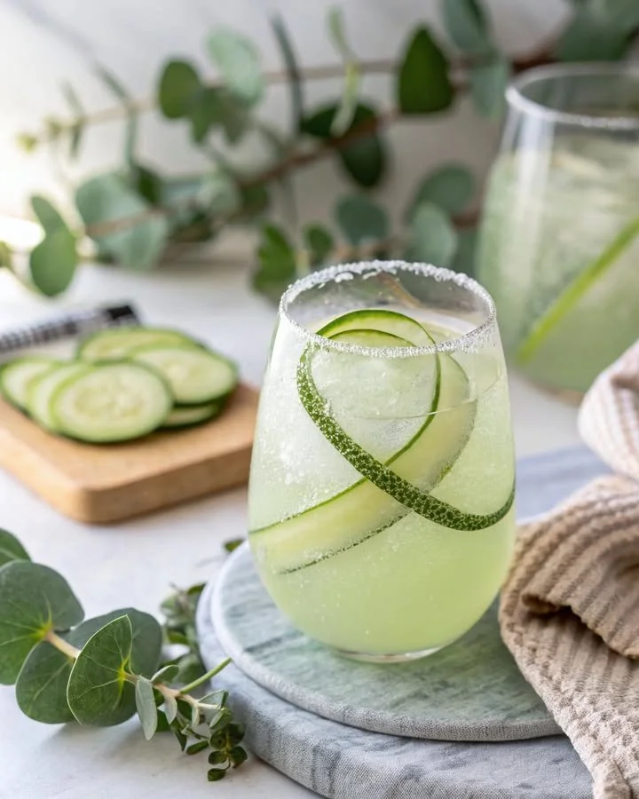 A refreshing Cucumber Aloe Cooler drink with cucumber slices and aloe vera.