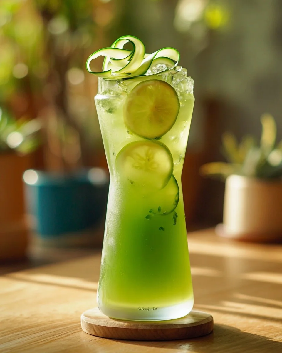Cucumber Kalamansi Green Apple Coco Refresher drink served in a glass with fresh ingredients.