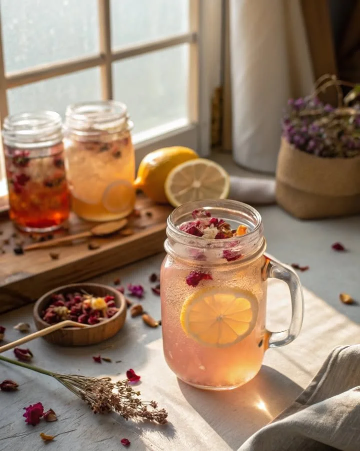 Dandelion Rose Infusion with fresh dandelion and rose petals in a cup