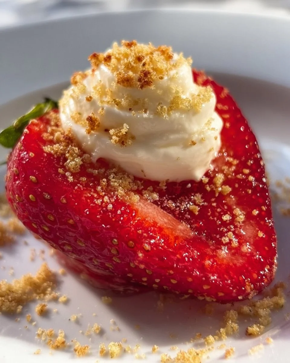 Deviled strawberries filled with cheesecake mixture on a white plate
