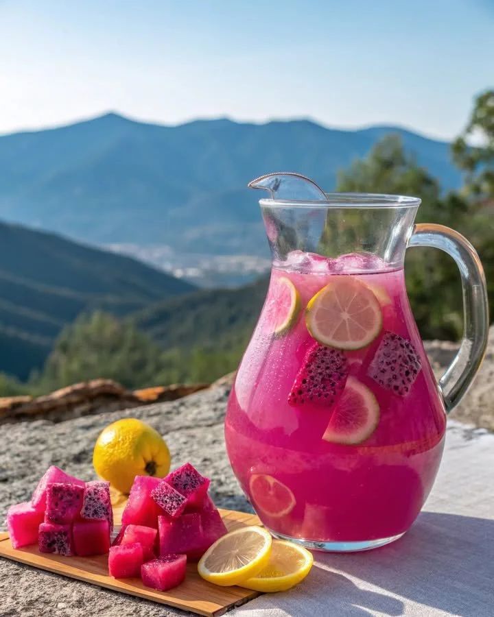 A refreshing glass of Dragon Fruit Lemonade garnished with lemon slices
