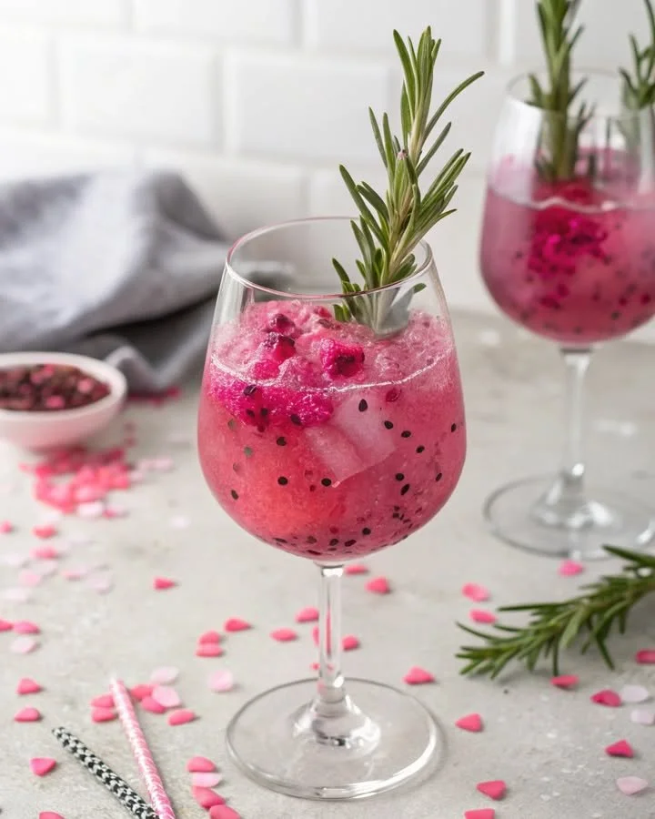Dragon Fruit Rosemary Spritz cocktail in a glass with rosemary garnish