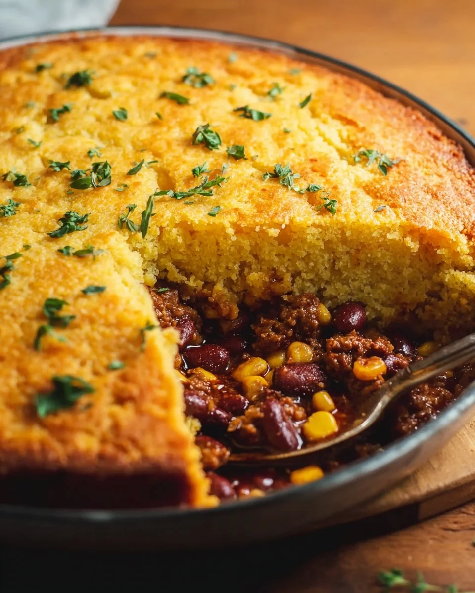 Delicious Cowboy Cornbread Casserole topped with golden cornbread crust