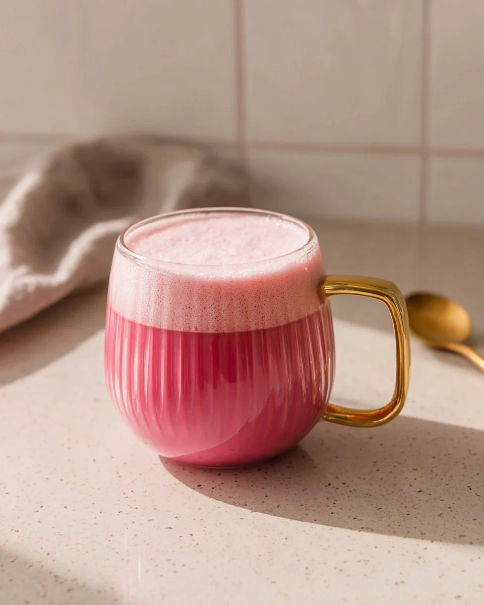 A vibrant pink beet latte served in a glass with a sprinkle of beet powder on top.