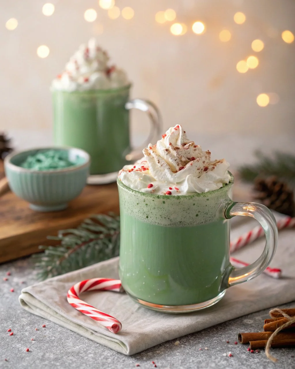 A cup of Emerald Frost Cocoa topped with whipped cream and chocolate shavings