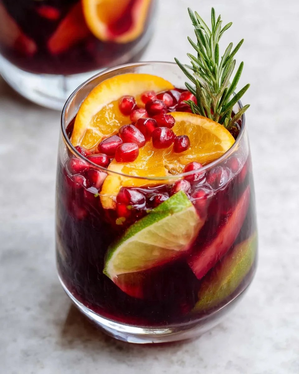Colorful festive sangria mocktail in a glass with fresh fruits and herbs.