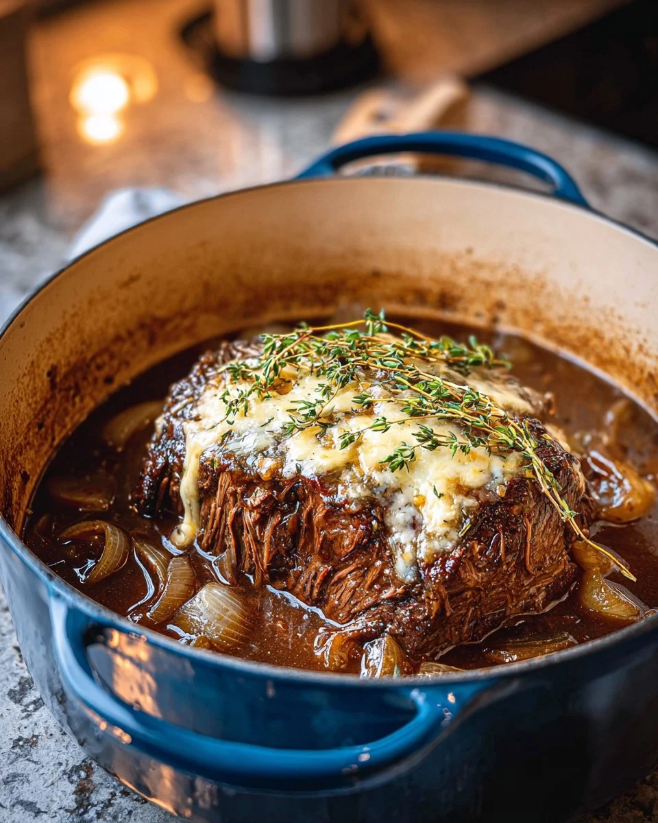 Delicious French Onion Pot Roast served with caramelized onions and melted cheese
