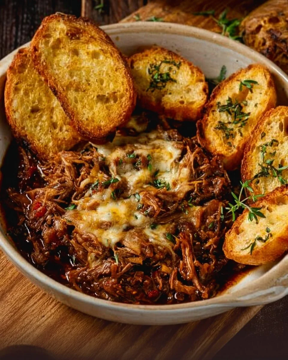 Delicious French Onion Pot Roast served with caramelized onions and herbs.