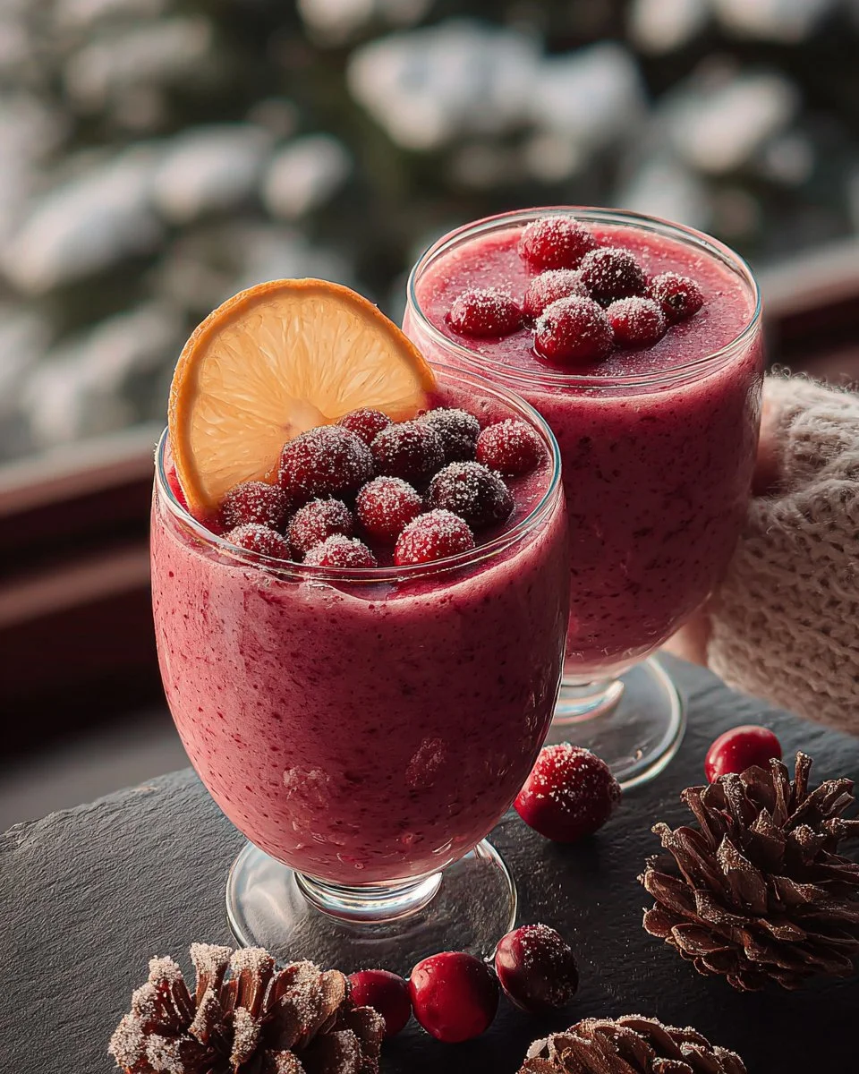 Frosted Cranberry Smoothie with berries and yogurt in a glass on a table